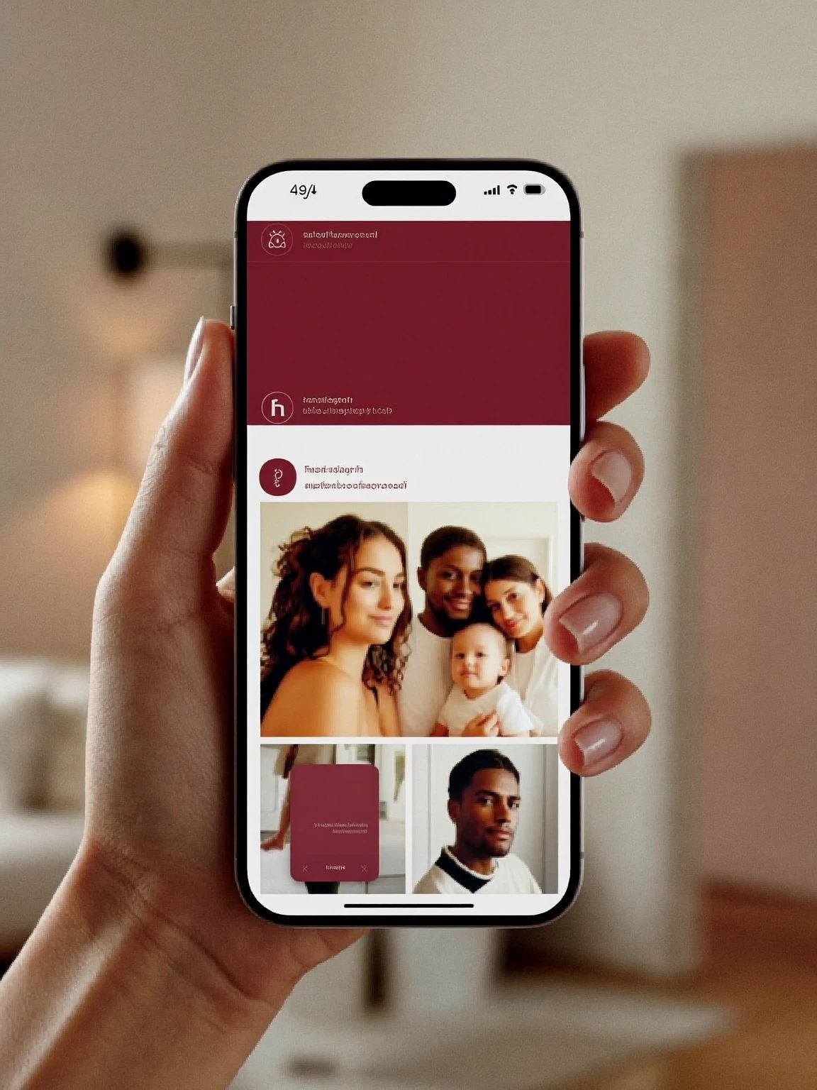 Main qui tient un téléphone affichant une galerie privée aux couleurs bourgogne, avec des photos de famille et un portrait.