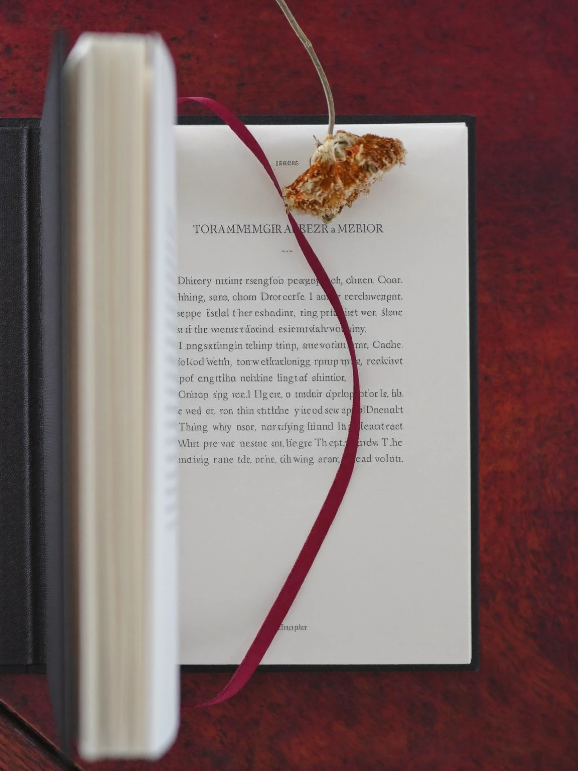 Livre imprimé ouvert sur une page de texte, avec un signet en ruban bourgogne et une fleur séchée.
