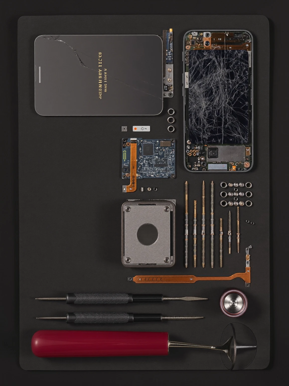 Vue de dessus d’un téléphone démonté : écran fissuré, carte mère, vis et outils de précision alignés sur un tapis noir.